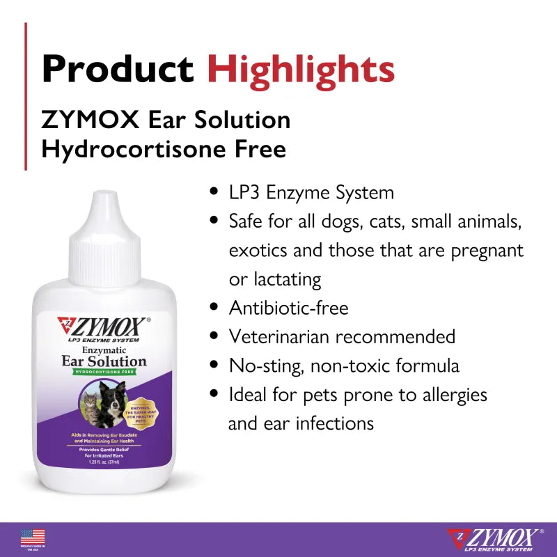 Zymox Dog Health Ear Solution 1.25 oz Bottle No Hydrocortisone