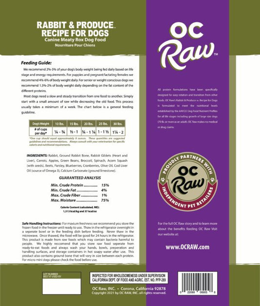 OC Dog Raw RABBIT & PRODUCE ~ 3# Meaty Rox