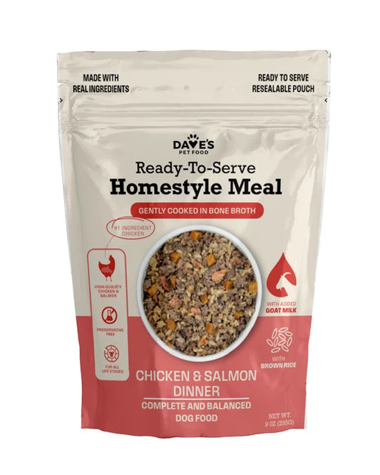 Dave's Chicken & Salmon with Brown Rice, Goat Milk Pouch Recipe for Dogs- 9 oz Pouches