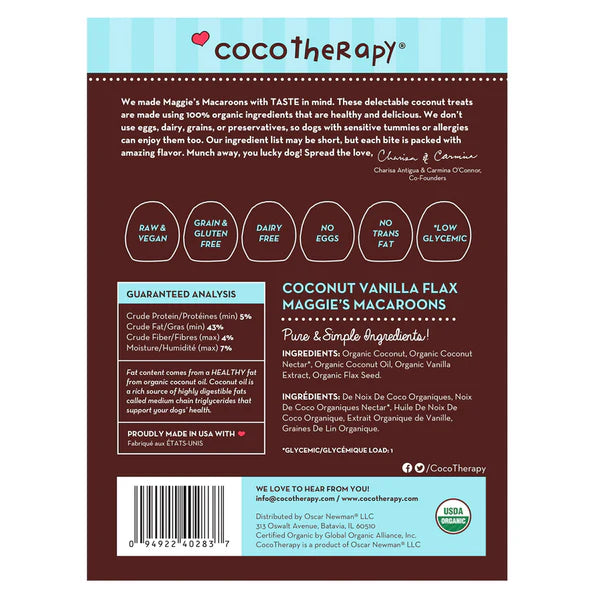 Maggie's Macaroons Coconut Vanilla Flax - Organic Coconut Treat for dogs