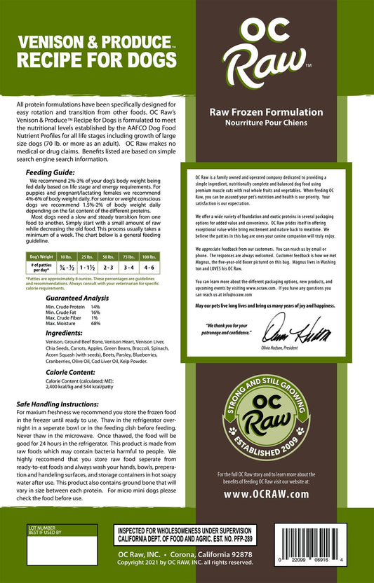 OC Raw Frozen Dog Venison And Produce Patties 6#